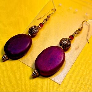 Earrings Pierced Handcrafted Unique Women Carved Wood Beads with Gold Accents